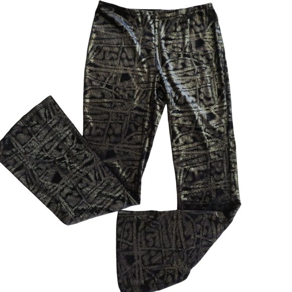 Vintage Catty Black Gold Metallic Velvet Pants S Pull On Stretch Straight Leg - Picture 1 of 10